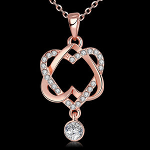 14K Rose Gold Plating White Austrian Pav'e Interlocking Heart Necklace & Earrings Stud Set