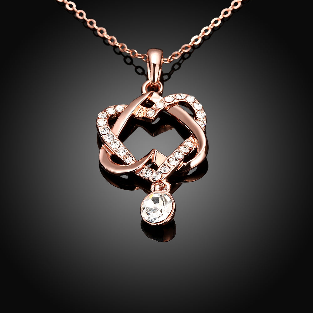 Intertwined Duo Hearts Austrian Elements Necklace in 14K Gold
