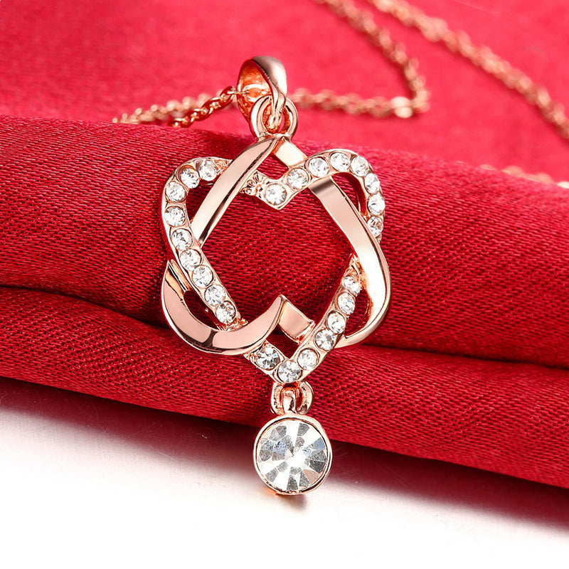 Intertwined Duo Hearts Austrian Elements Necklace in 14K Gold