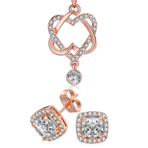 14K Rose Gold Plating White Austrian Pav'e Interlocking Heart Necklace & Earrings Stud Set