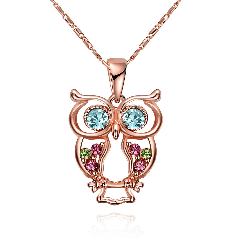 Owl Rainbow Austrian Elements Necklace in 14K Rose Gold