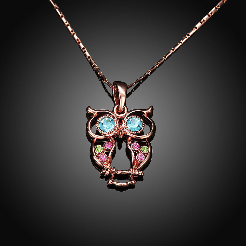 Owl Rainbow Austrian Elements Necklace in 14K Rose Gold