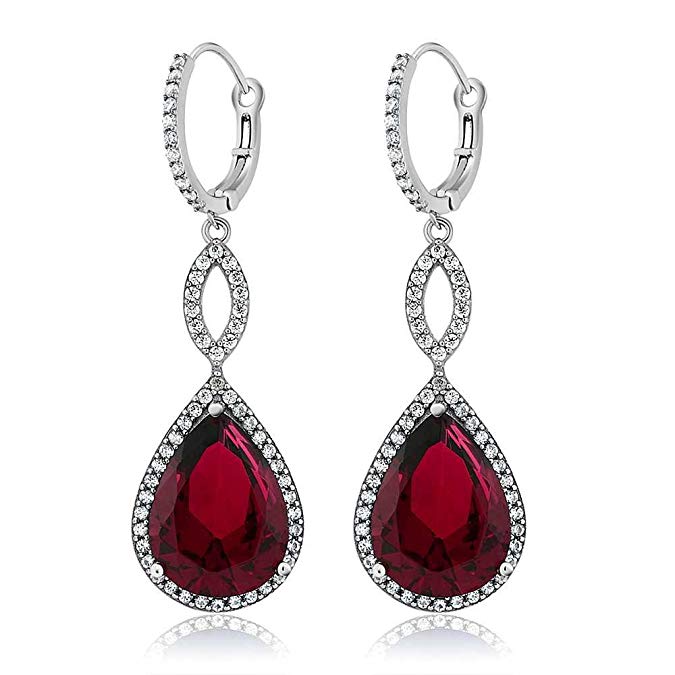 Ruby Pave Teardrop Infinity Drop Embellished with Austrian Crystals in 18K White Gold Plated
