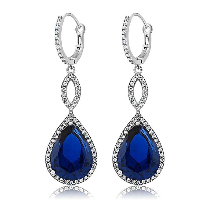 Sapphire Pave Teardrop Infinity Drop Embellished with Austrian Crystals in 18K White Gold Plated