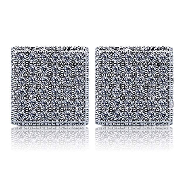 Pave Square Stud Earring Embellished with Swarovski Crystals in 18K White Gold Plated