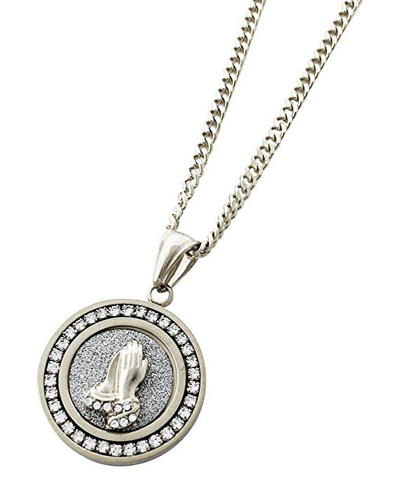 Pave Praying Hands Necklace Embellished with Austrian Crystals in 18K White Gold Plated