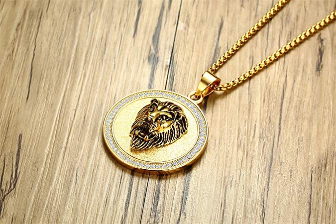 King of the Jungle Lion Pendant Medallion Necklace in 18K Gold Plated