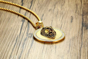 King of the Jungle Lion Pendant Medallion Necklace in 18K Gold Plated