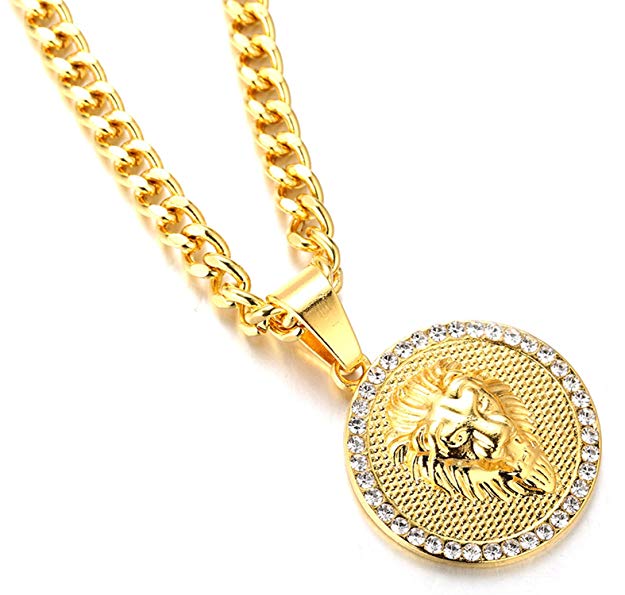 Pave King of the Jungle Lion Pendant Medallion Necklace in 18K Gold Plated