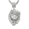 Pave King of the Jungle Lion Crown Pendant Medallion Necklace in 18K White Gold Plated