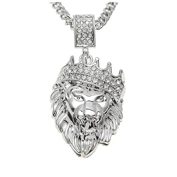 Pave King of the Jungle Lion Crown Pendant Medallion Necklace in 18K White Gold Plated