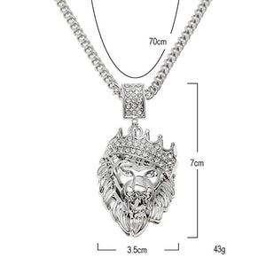 Pave King of the Jungle Lion Crown Pendant Medallion Necklace in 18K White Gold Plated