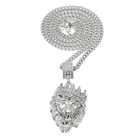 Pave King of the Jungle Lion Crown Pendant Medallion Necklace in 18K White Gold Plated