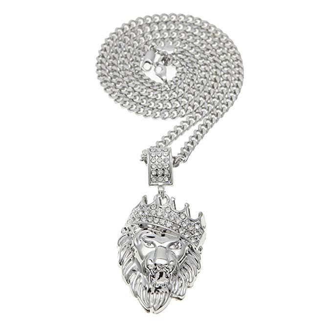 Pave King of the Jungle Lion Crown Pendant Medallion Necklace in 18K White Gold Plated