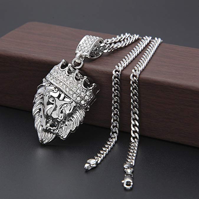 Pave King of the Jungle Lion Crown Pendant Medallion Necklace in 18K White Gold Plated
