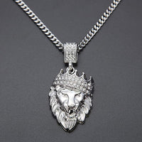 Pave King of the Jungle Lion Crown Pendant Medallion Necklace in 18K White Gold Plated