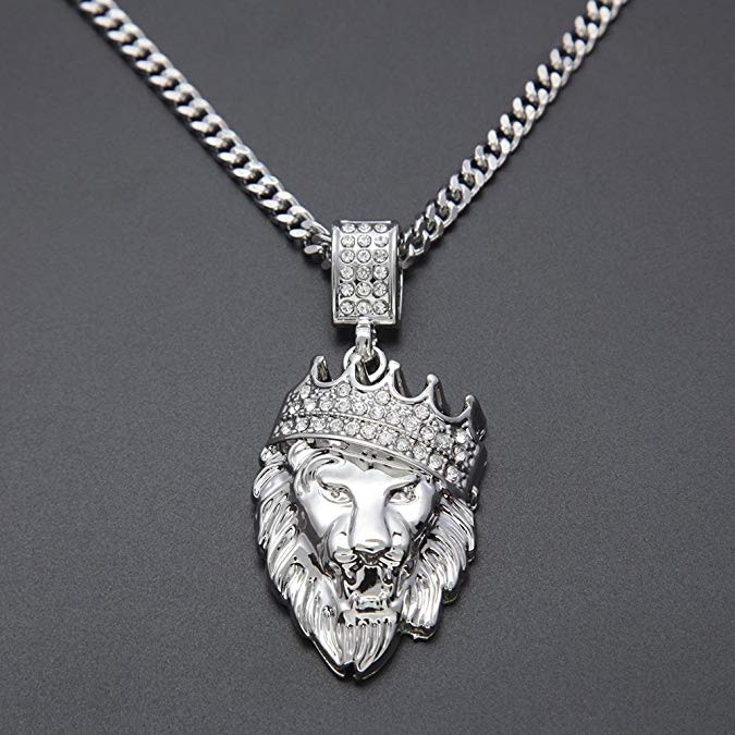 Pave King of the Jungle Lion Crown Pendant Medallion Necklace in 18K White Gold Plated