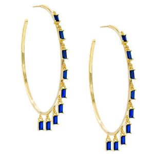 Pave Mini Baugette Dainty Sapphire 1.4" Hoop Earring Embellished with Austrian Crystals in 18K Gold Plated