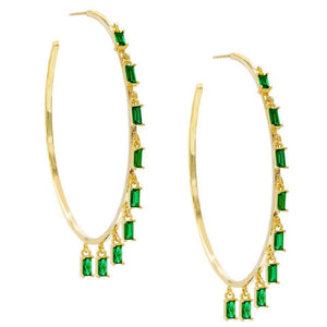 Pave Mini Baugette Dainty Emerald 1.4" Hoop Earring Embellished with Austrian Crystals in 18K Gold Plated