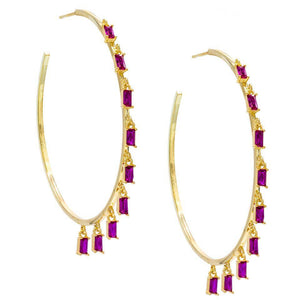 Pave Mini Baugette Dainty Pink Topaz 1.4" Hoop Earring Embellished with Austrian Crystals in 18K Gold Plated