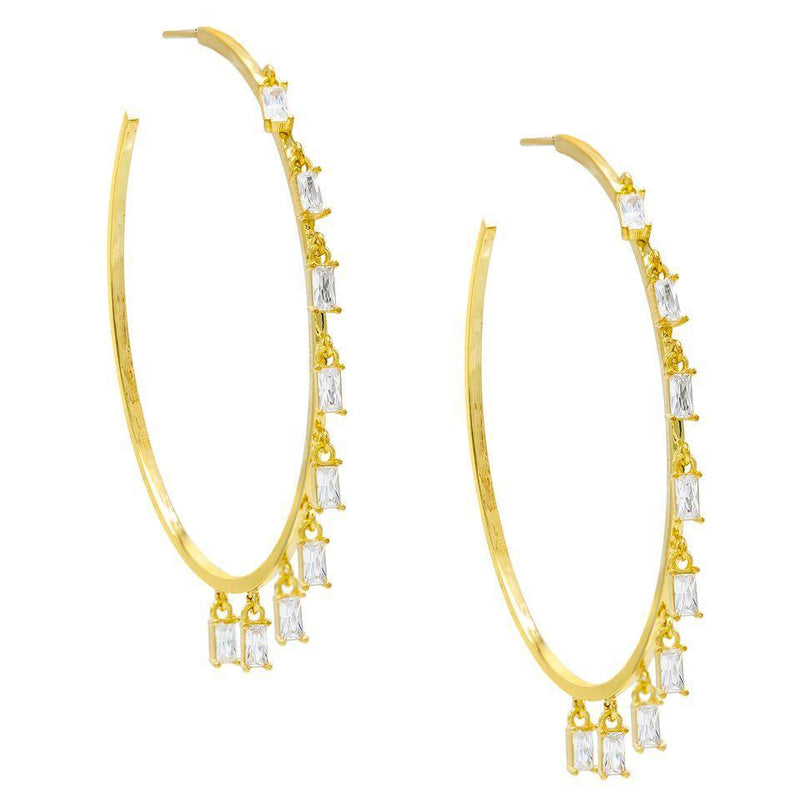Pave Mini Baugette Dainty White Topaz 1.4" Hoop Earring Embellished with Austrian Crystals in 18K Gold Plated