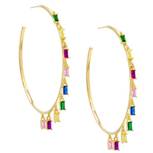 Pave Mini Baugette Dainty Rainbow 1.4" Hoop Earring Embellished with Austrian Crystals in 18K Gold Plated