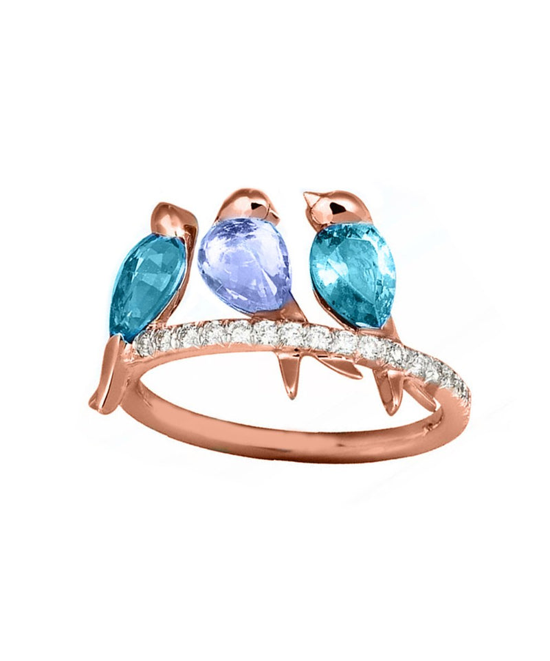 Three Little Birdys With Austrian Crystals Blue in 18K Rose Gold Plated