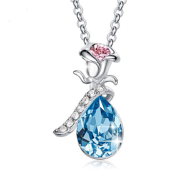 Austrian Crystals Aquamartine Waterdrop with Pink Topaz Rose  Necklace