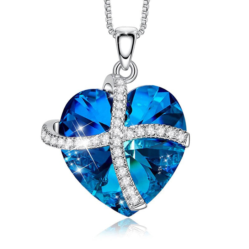 Austrian Crystals Bermuda Blue Pave Heart Ribbon  Necklace