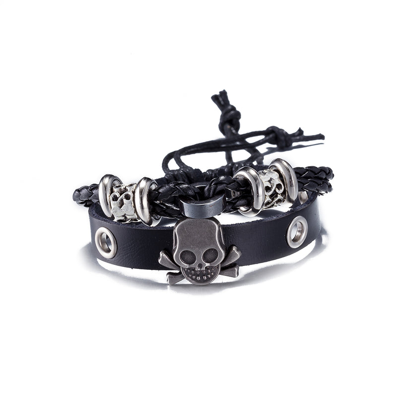 Skull Vegan Leather Bracelet in 18K White Gold Plated