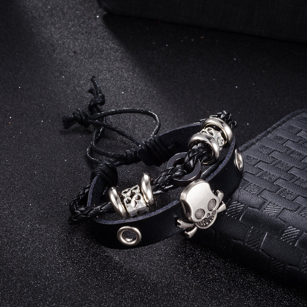 Skull Vegan Leather Bracelet in 18K White Gold Plated