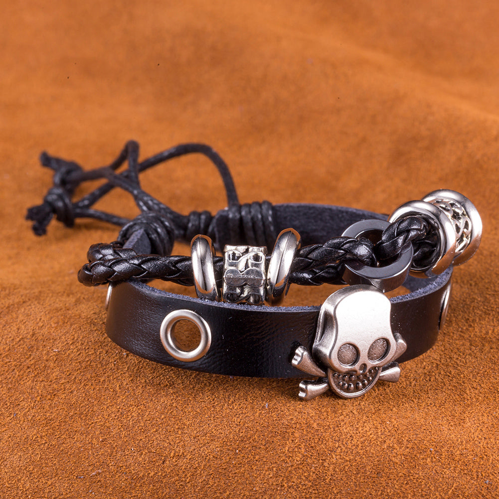 Skull Vegan Leather Bracelet in 18K White Gold Plated