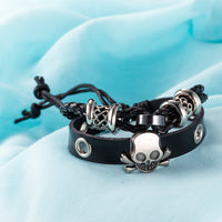 Skull Vegan Leather Bracelet in 18K White Gold Plated