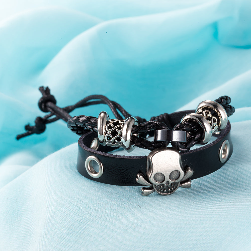 Skull Vegan Leather Bracelet in 18K White Gold Plated