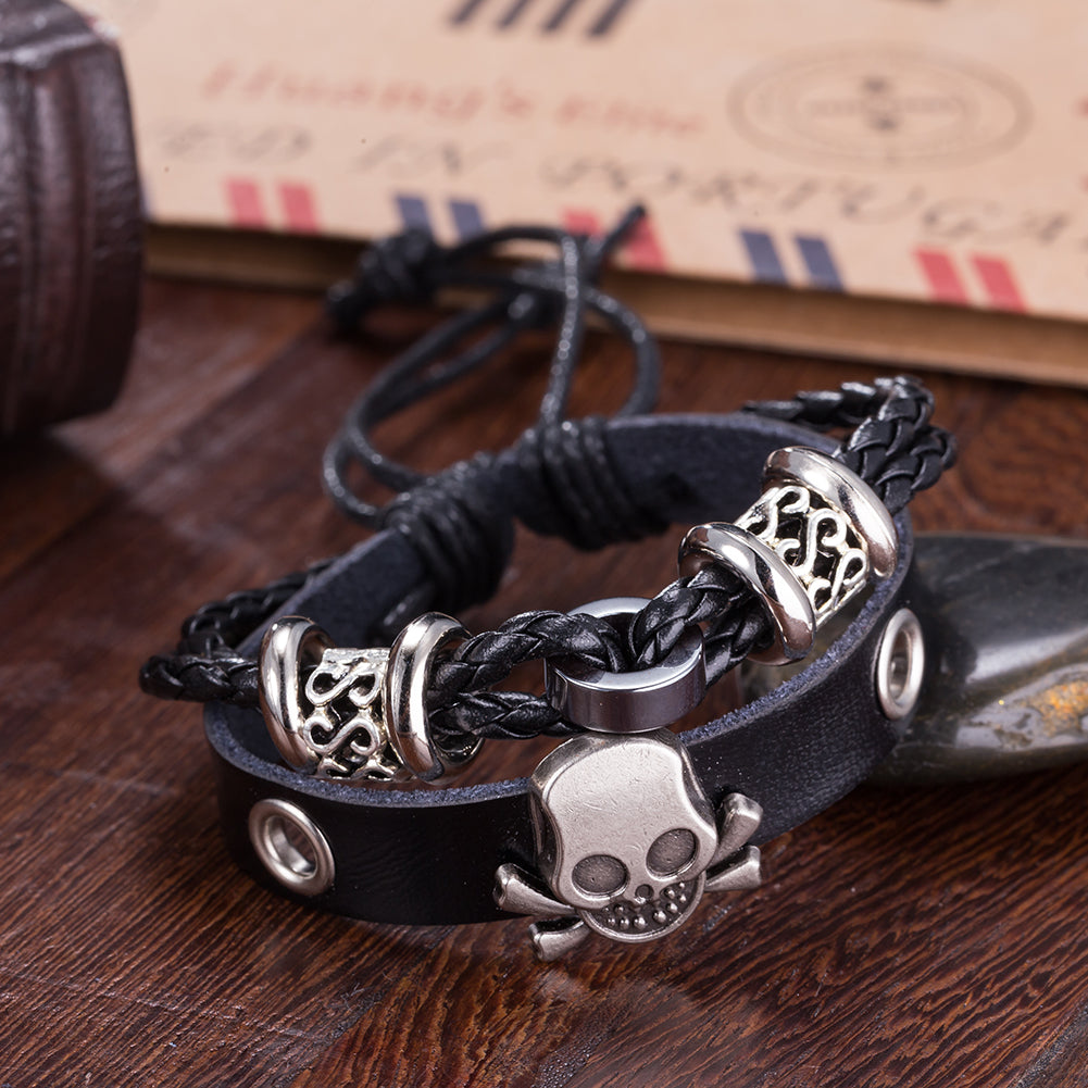 Skull Vegan Leather Bracelet in 18K White Gold Plated