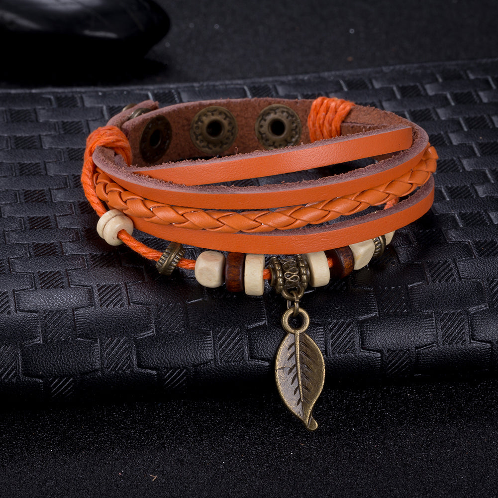 Orange Leaf Vegan Leather Bracelet in 18K White Gold Plated