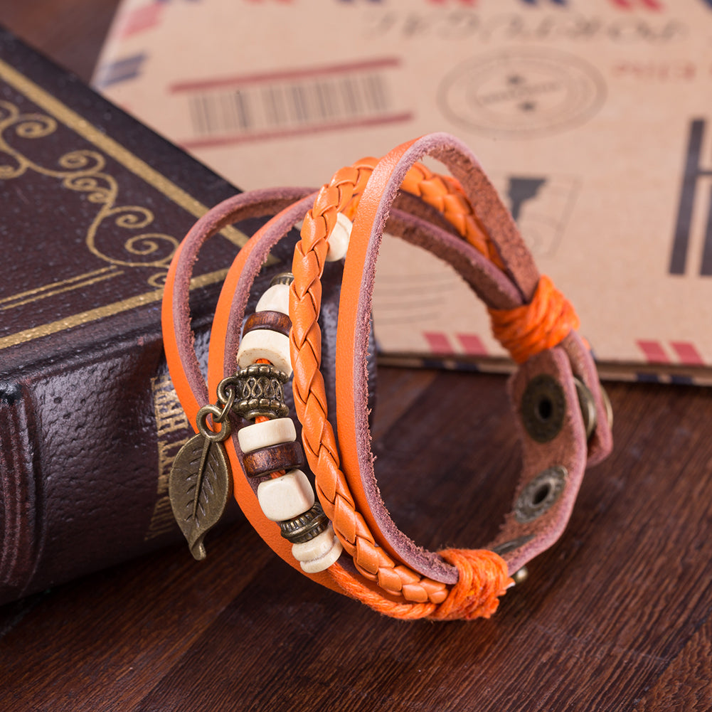 Orange Leaf Vegan Leather Bracelet in 18K White Gold Plated