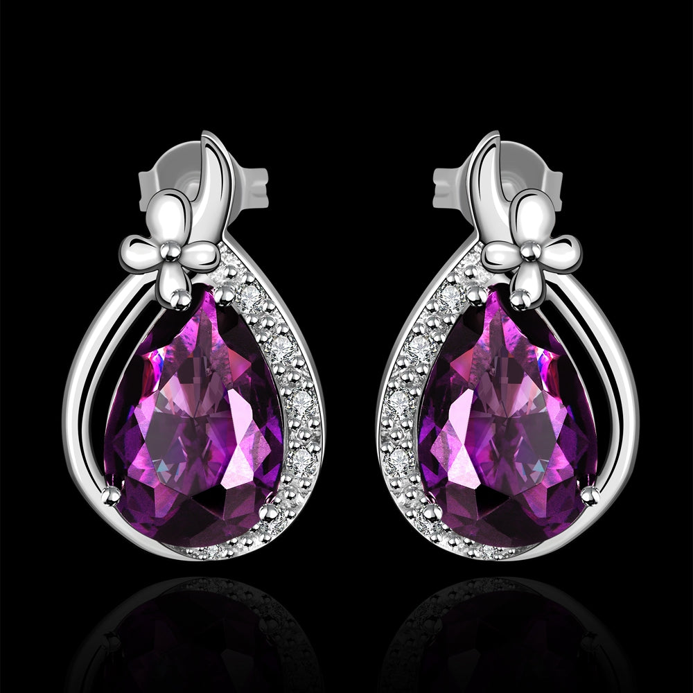 Swarovski Crystal Purple Stud Earring in 18K White Gold Plated
