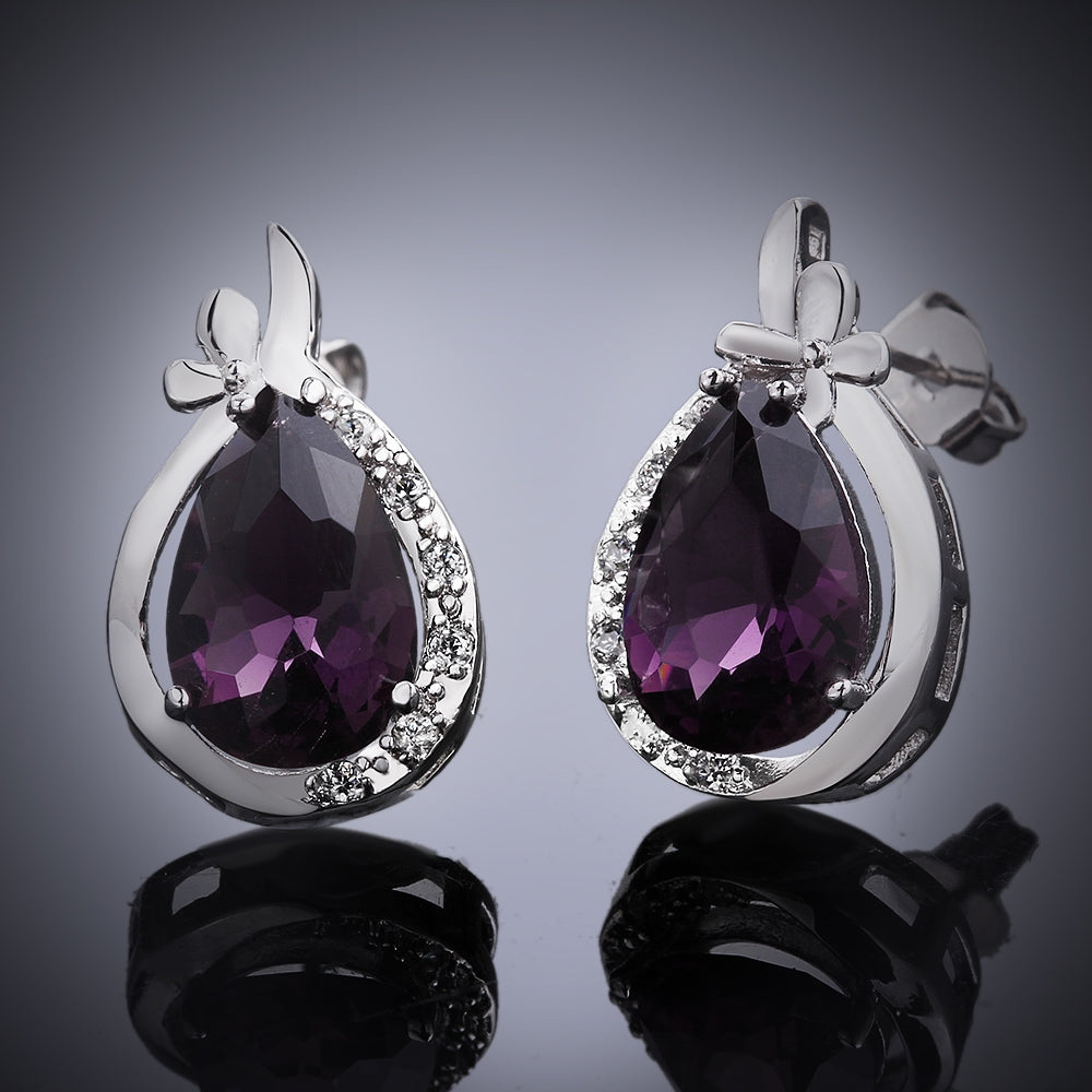Swarovski Crystal Purple Stud Earring in 18K White Gold Plated