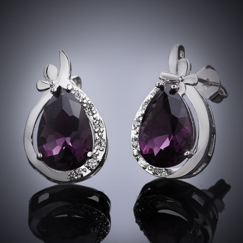 Austrian Crystal Purple Stud Earring in 18K White Gold Plated
