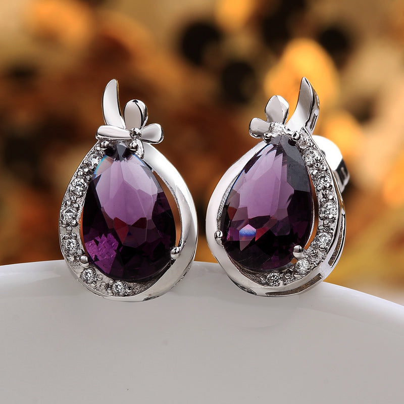 Swarovski Crystal Purple Stud Earring in 18K White Gold Plated