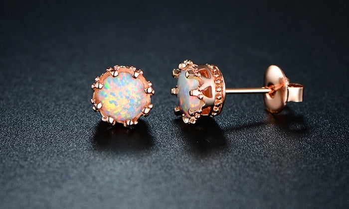 Fire Opal Crown Stud Earrings in 18K Rose Gold Plating, Earring, Golden NYC Jewelry, Golden NYC Jewelry jewelryjewelry deals, swarovski crystal jewelry, groupon jewelry,, jewelry for mom,