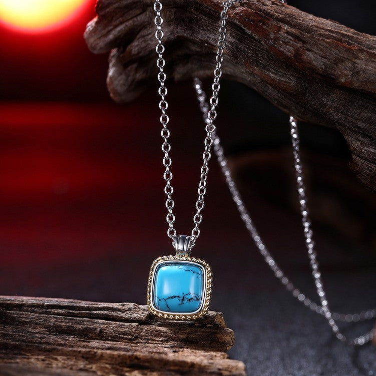 Turquoise Rope Design Square Shaped Gold Necklace - Golden NYC Jewelry www.goldennycjewelry.com fashion jewelry for women