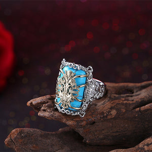 Turquoise Gold Filigree Statement Ring in 14K White Gold