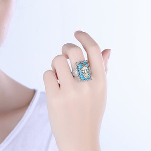 Turquoise Gold Filigree Statement Ring in 14K White Gold