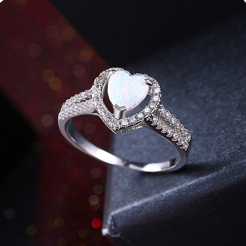 White Opal Heart Shaped Ring in 18K White Gold