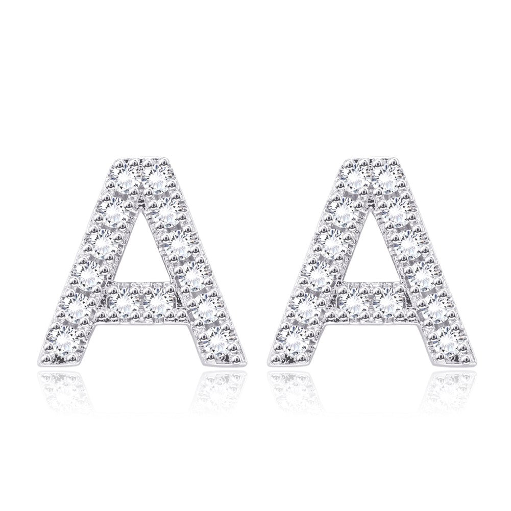 Swarovski Crystals Pave Letter Stud Monogram Initial Earrings in 18K White Gold Plating