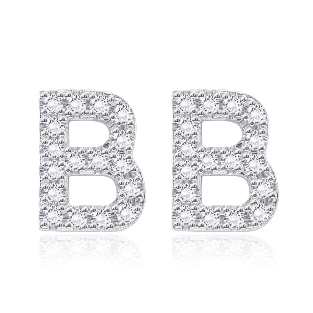 Swarovski Crystals Pave Letter Stud Monogram Initial Earrings in 18K White Gold Plating