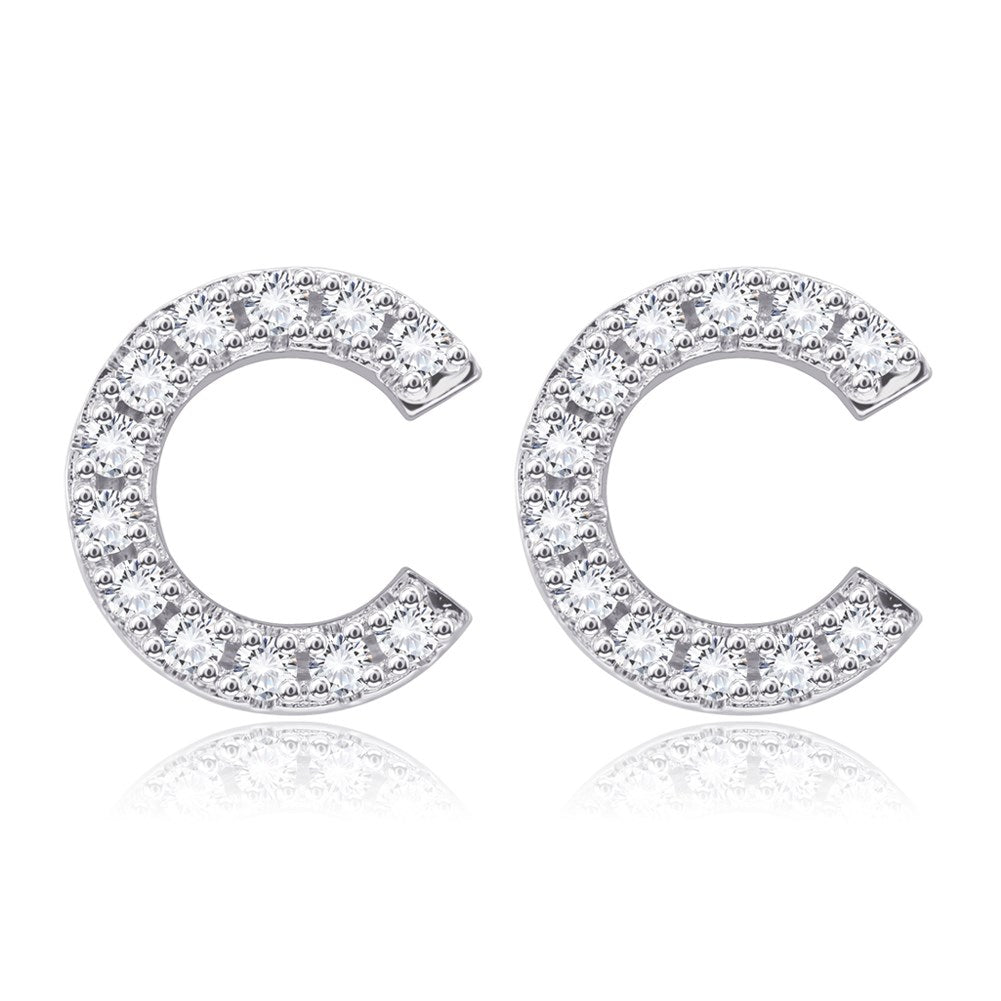 Swarovski Crystals Pave Letter Stud Monogram Initial Earrings in 18K White Gold Plating