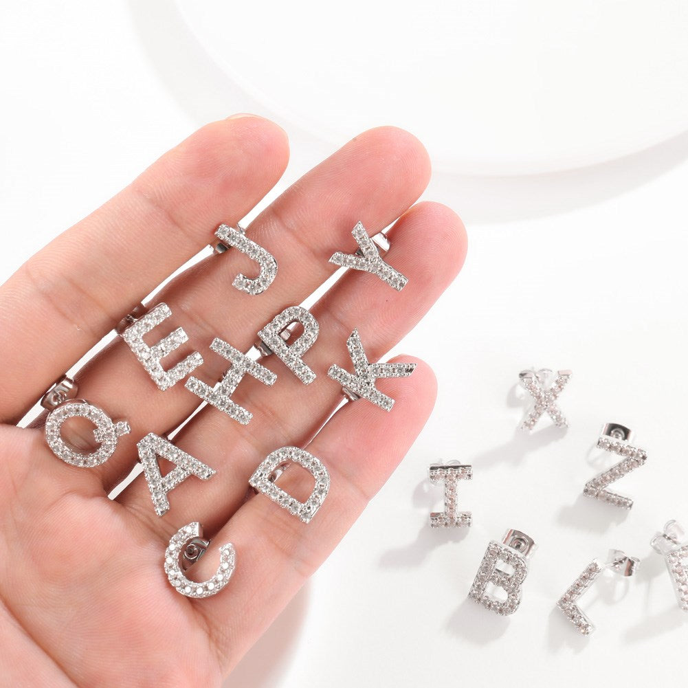 Swarovski Crystals Pave Letter Stud Monogram Initial Earrings in 18K White Gold Plating
